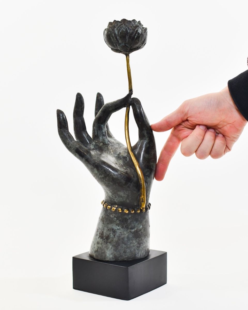 "Floral Offering" Hand Sculpture in Cast Brass with hand in shot for scale
