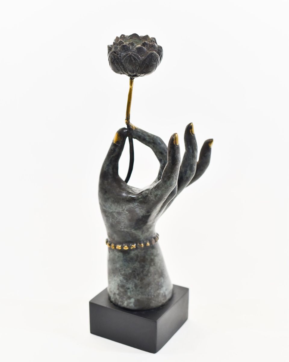 "Floral Offering" Hand Sculpture in Cast Brass side view