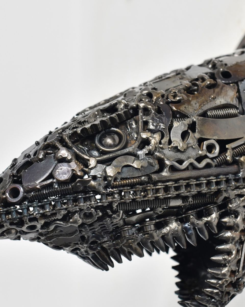 ‘Gears of the Deep" Upcycled Metal Wall Mounted Shark Bust close up of eye