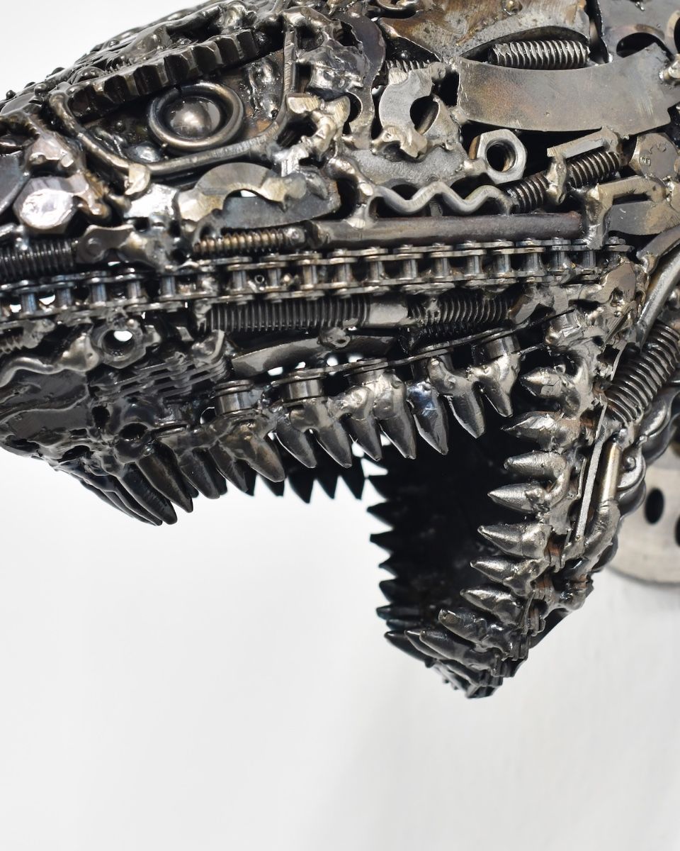 ‘Gears of the Deep" Upcycled Metal Wall Mounted Shark Bust close up of teeth