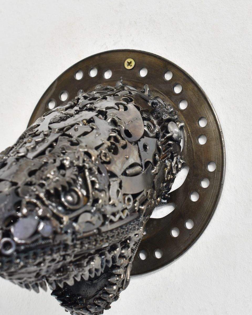 ‘Gears of the Deep" Upcycled Metal Wall Mounted Shark Bust mounting plate view