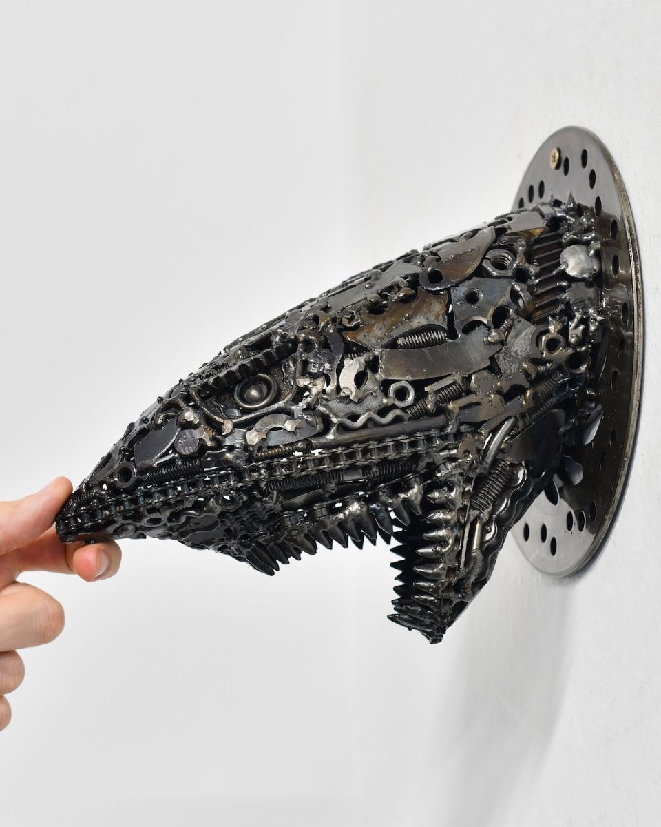 ‘Gears of the Deep" Upcycled Metal Wall Mounted Shark Bust to scale with hand for reference
