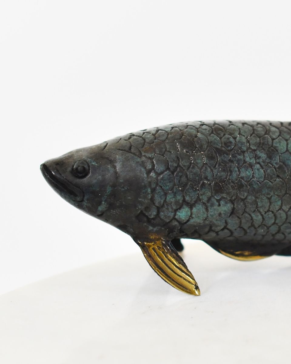 "Gilded Current" Cast Brass Fish Ornament close up of head