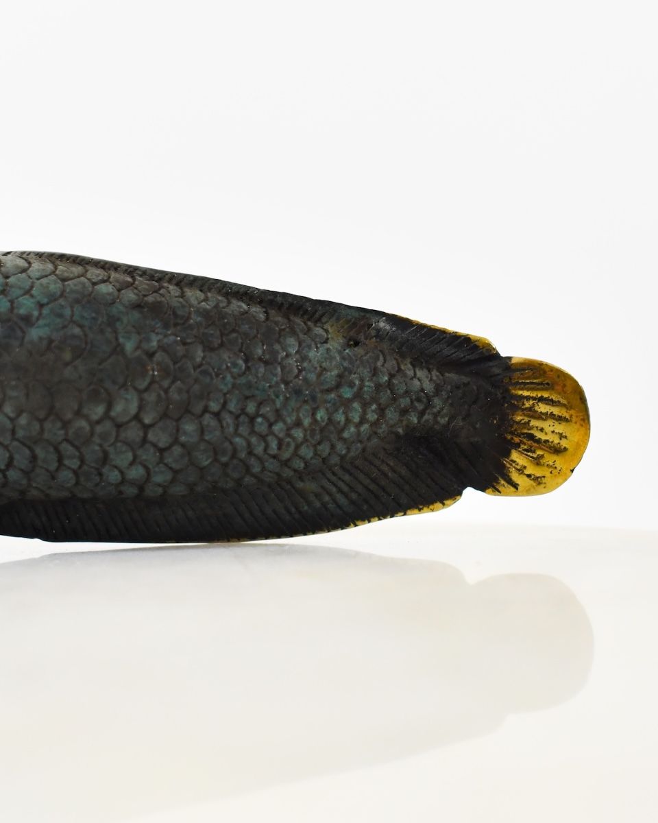 "Gilded Current" Cast Brass Fish Ornament close up of tail