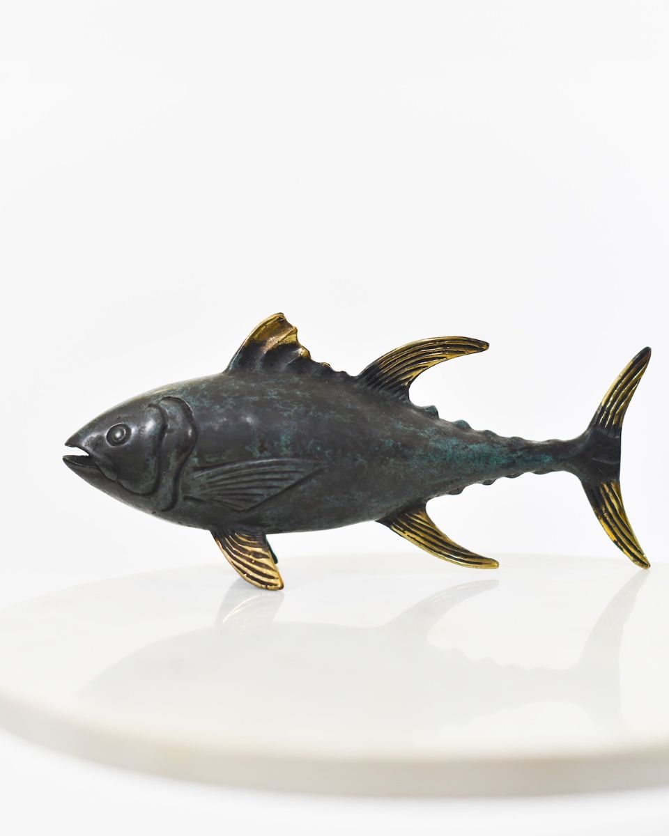 "Gilded Glider" Tuna Ornament in Cast Brass angled image