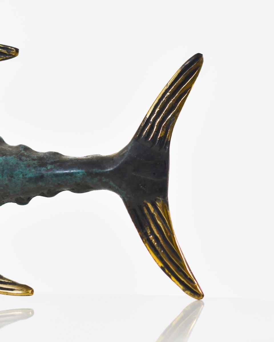 "Gilded Glider" Tuna Ornament in Cast Brass close up of tail