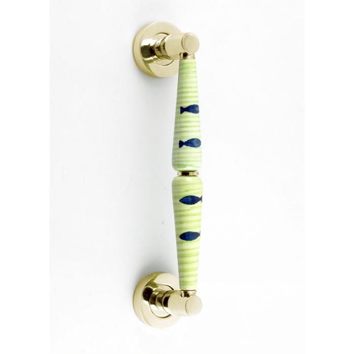 “Green Lagoon” Ceramic Pull Handle with Polished Brass Handles