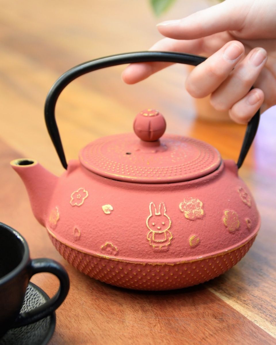 "Haru" Cast Iron Japanese Style Teapot in Rose and Gold with Hand in Shot for Scale