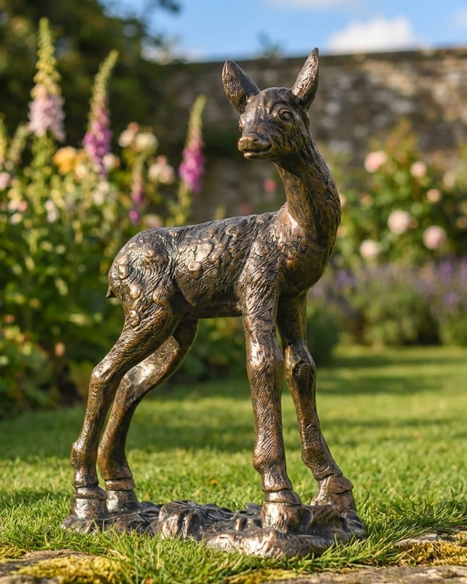 "Hazel" Fawn On Base Garden Sculpture