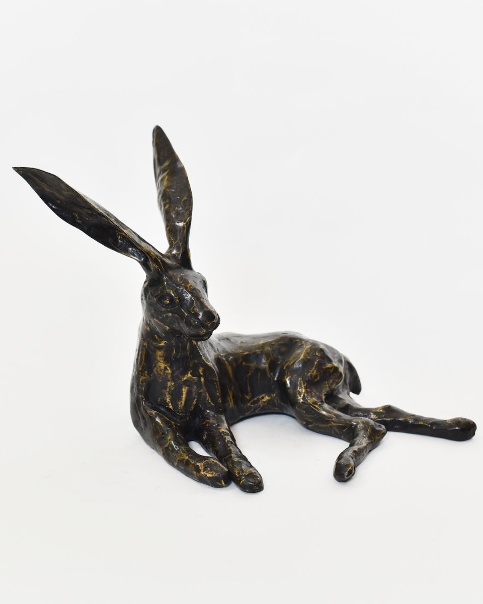 "Hearthside Hare" Cast Brass Lying Hare Sculpture angled view