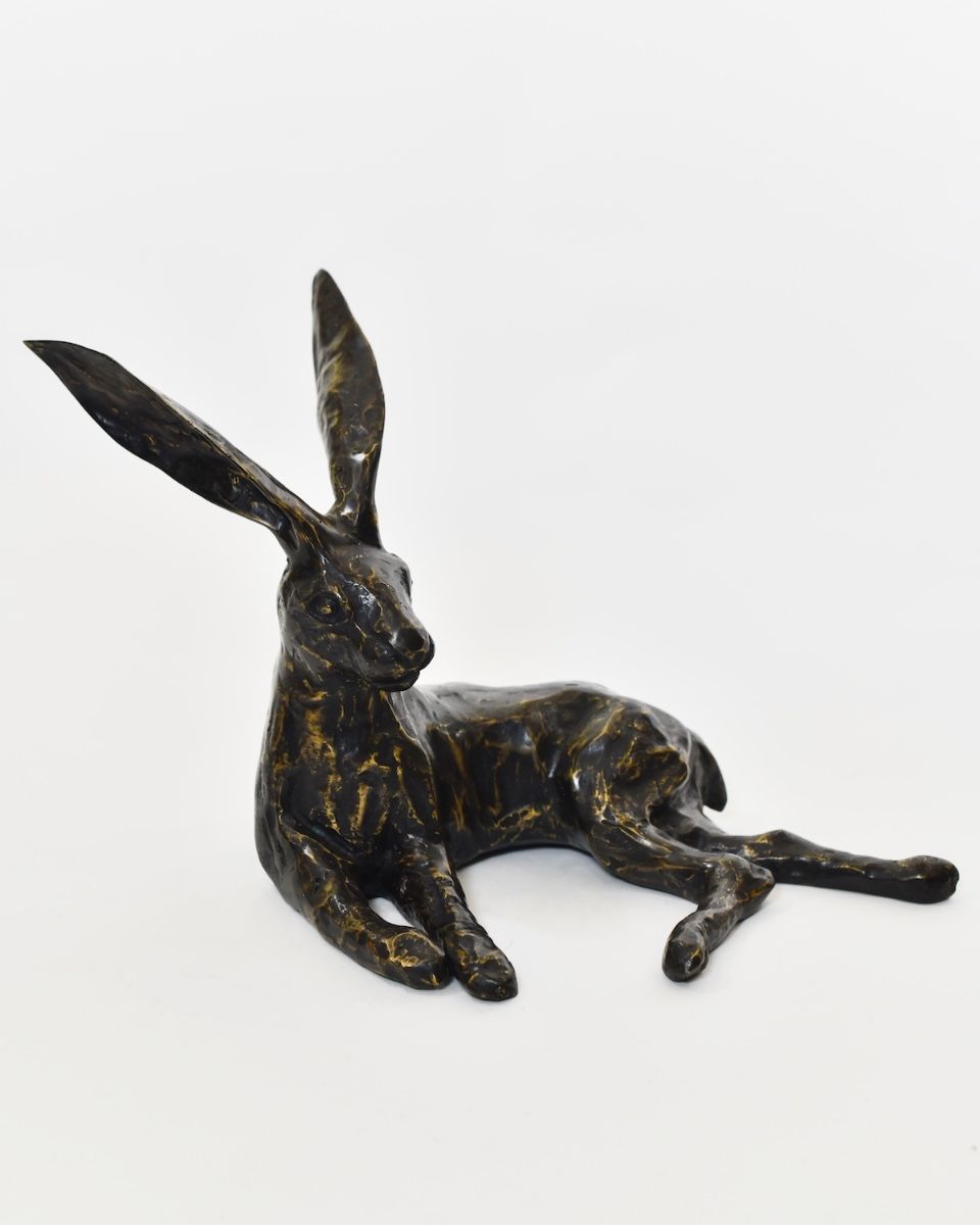 "Hearthside Hare" Cast Brass Lying Hare Sculpture front facing