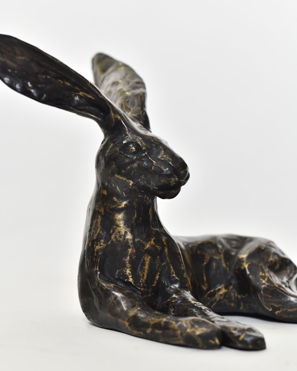 "Hearthside Hare" Cast Brass Lying Hare Sculpture close up of head