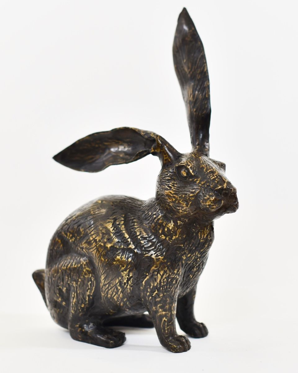 "Heathland Herald" Cast Brass Alert Hare Sculpture side view