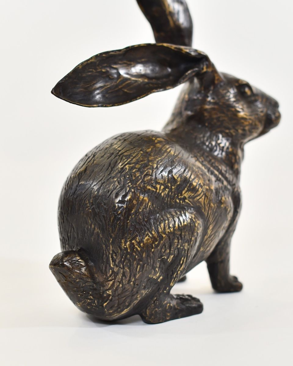 "Heathland Herald" Cast Brass Alert Hare Sculpture close up of rear