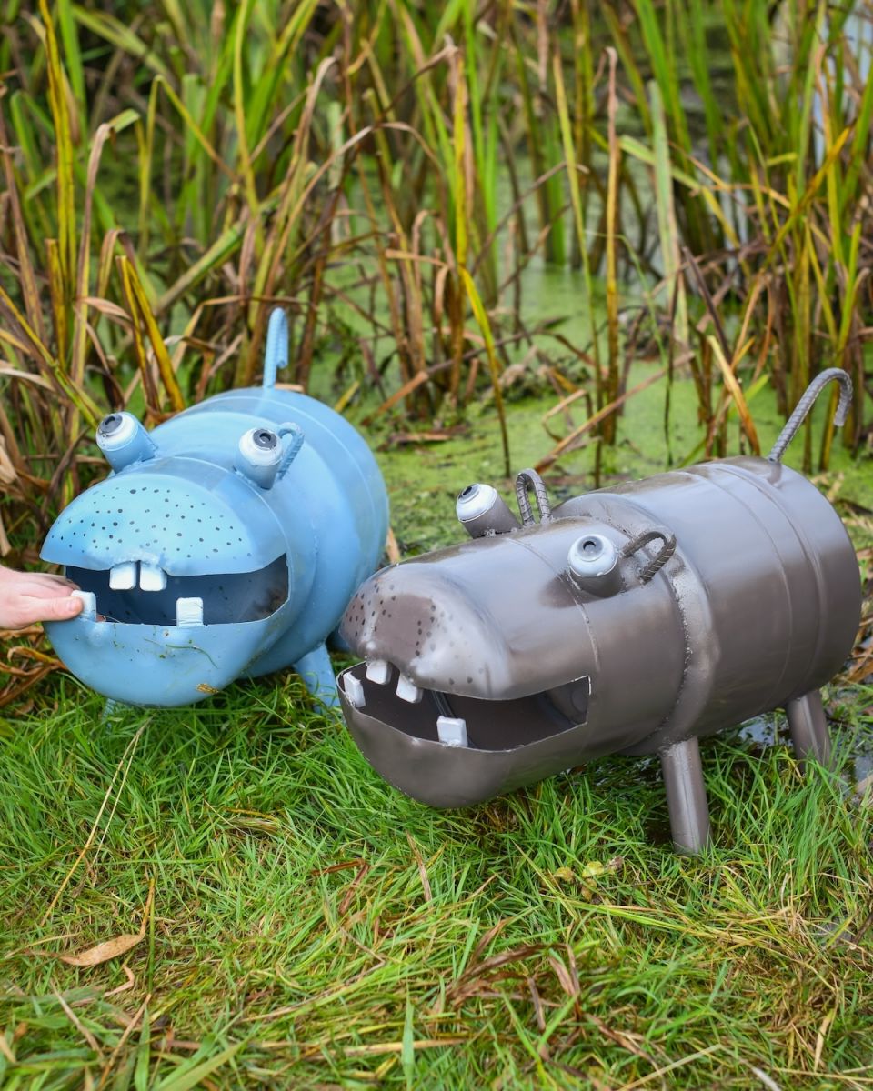 Scale image of recycled metal hippopotamus garden sculptures