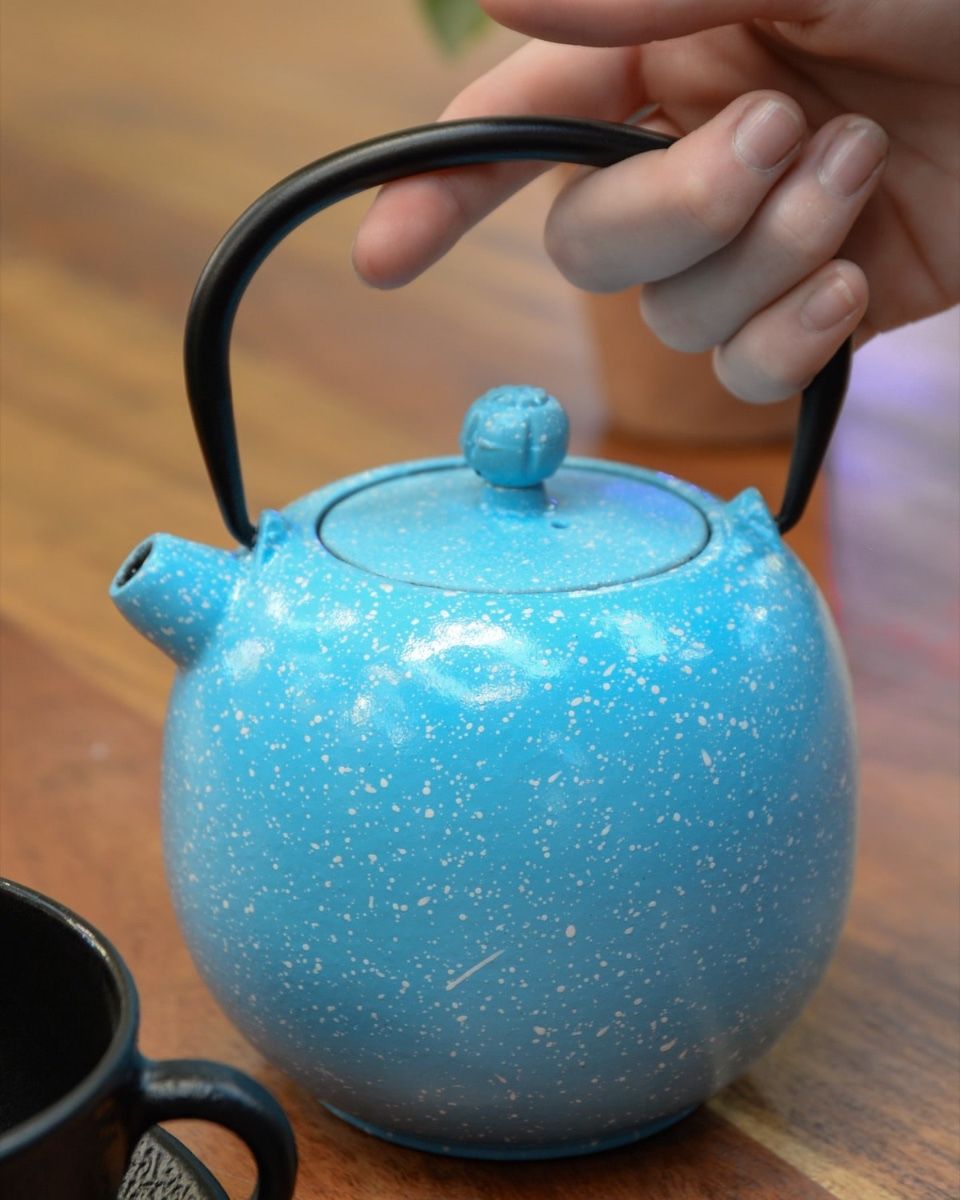 "Hoshi" Speckled Cast Iron Japanese Teapot with Hand in Shot for Scale