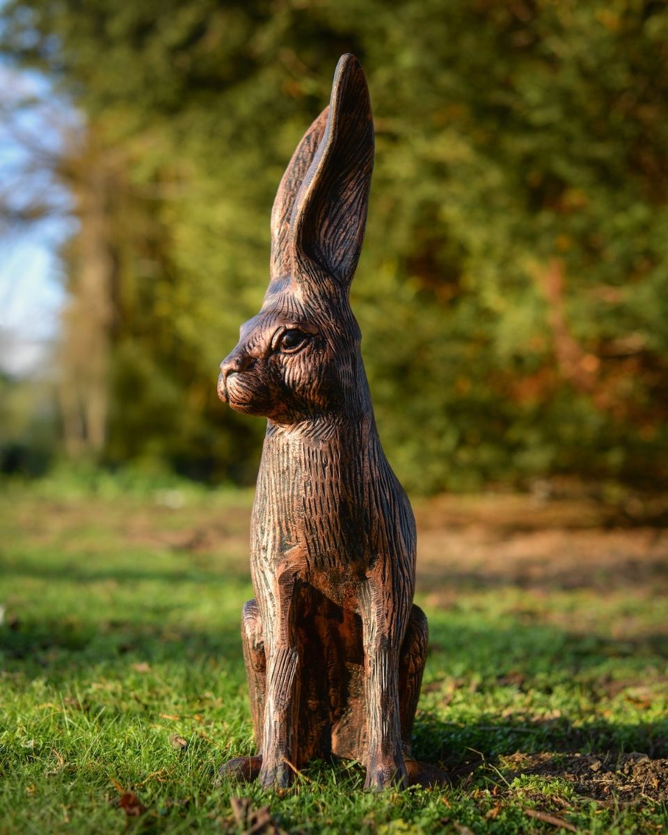 "Hunter" the Hare Cast Aluminium Garden Sculpture - Bronze and Copper side view of sculpture
