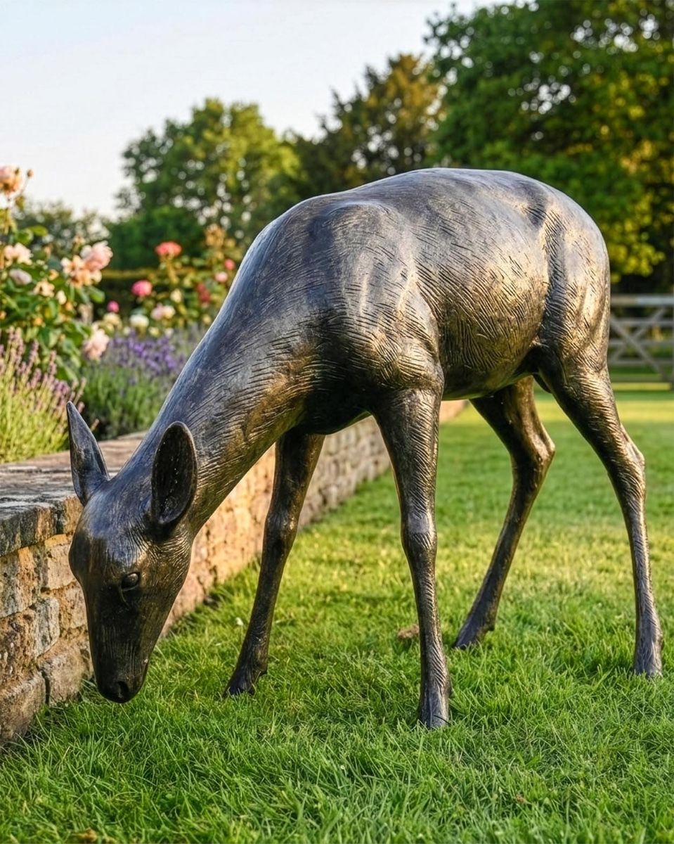 "Ivy" Brushed Gold Doe Eating Garden Sculpture Digital Illustration