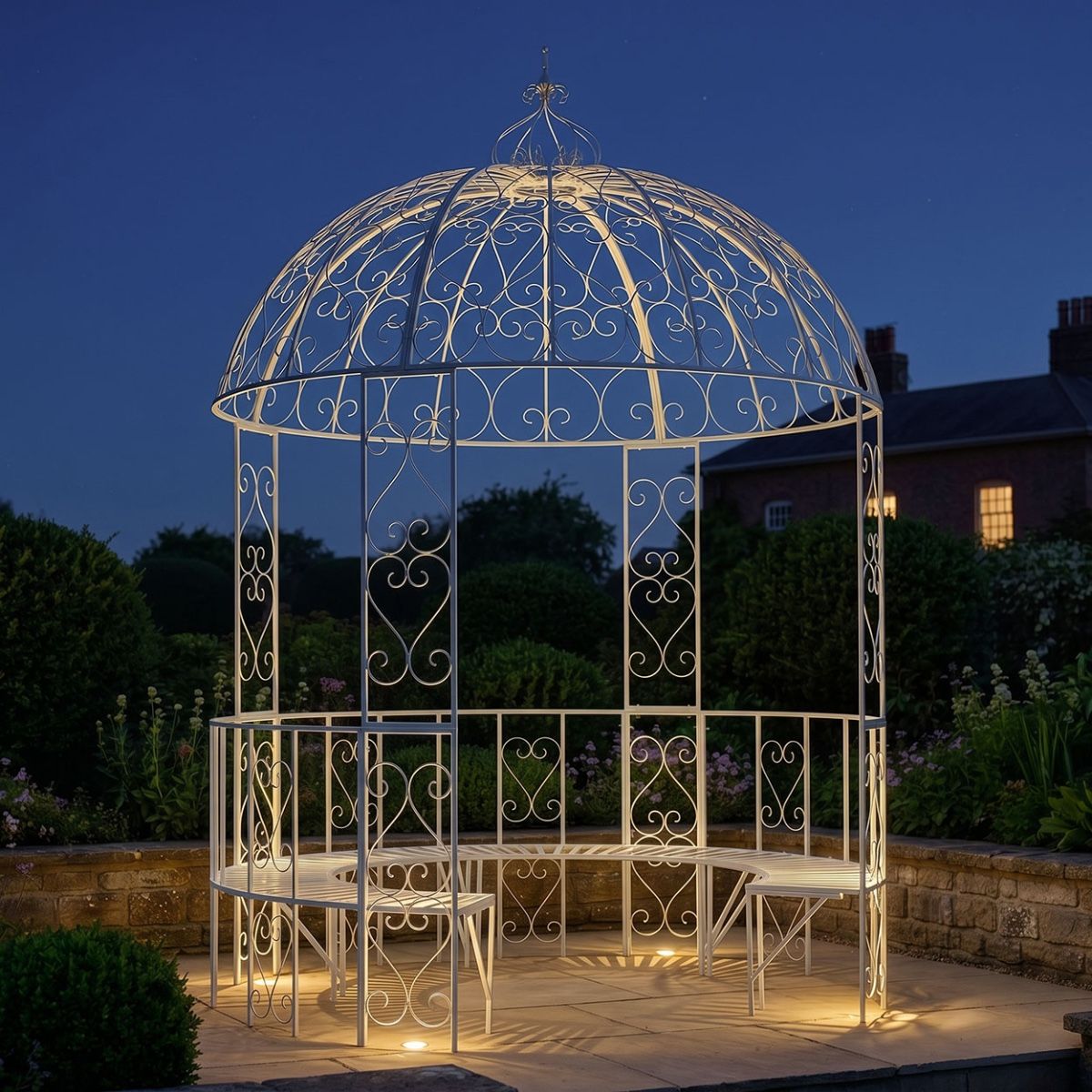 "Kensington" Domed Wrought Iron Gazebo - Vintage Cream At Night