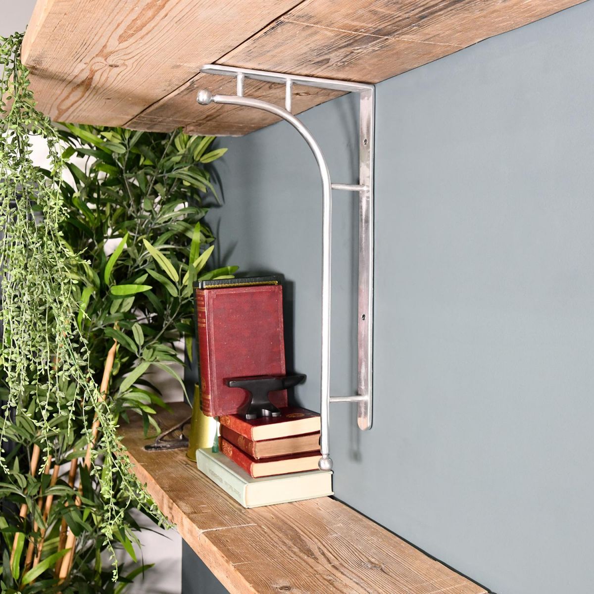 ’Kepler’ Polished Aluminium Modern Wall Bracket Holding a Wooden Shelf