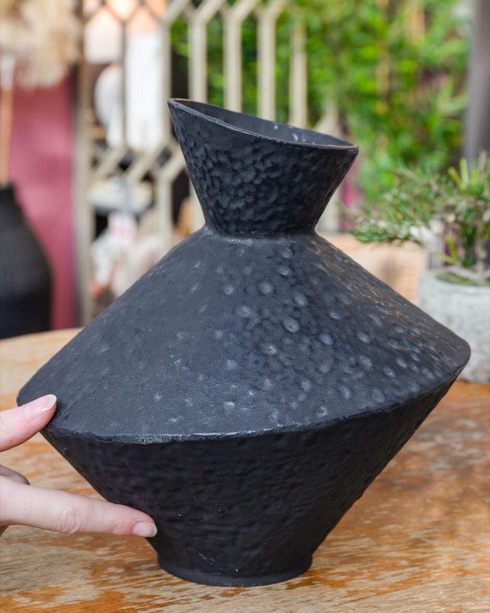 "Kuro" Cast Iron Sculptural Vase with Hand in Shot for Scale