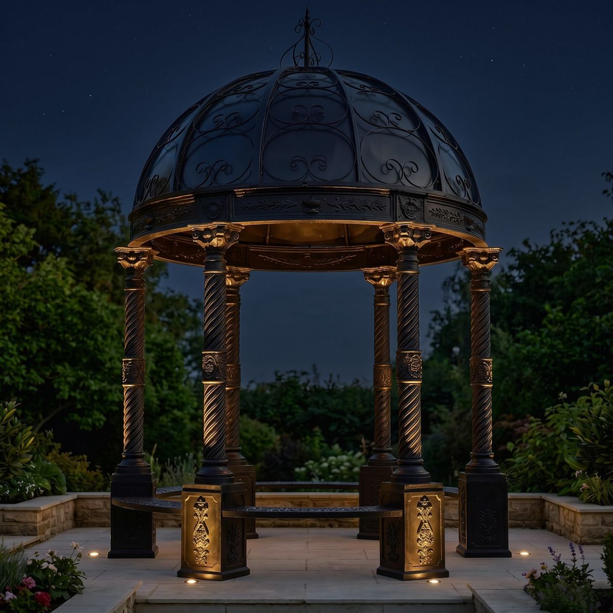 "Lady Christina" Deluxe Scrollwork Wrought Iron Gazebo Powder Coated in Midnight Black Digital Illustration At Night