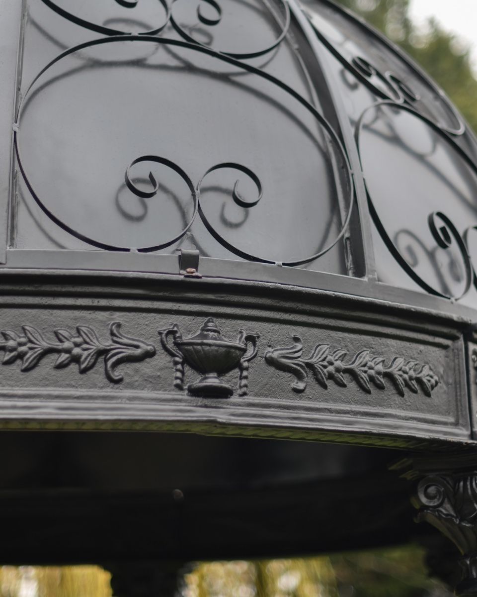 "Lady Christina" Deluxe Scrollwork Wrought Iron Gazebo Powder Coated in Midnight Black close up of dome detailing