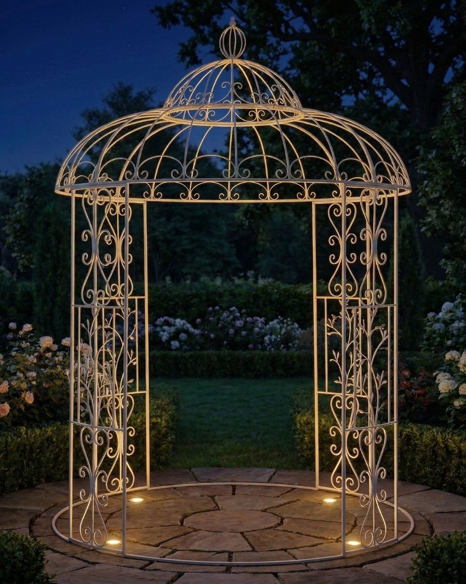 "Lovellen Avenue" Bird Design Cream Garden Gazebo ai illustration at night with light
