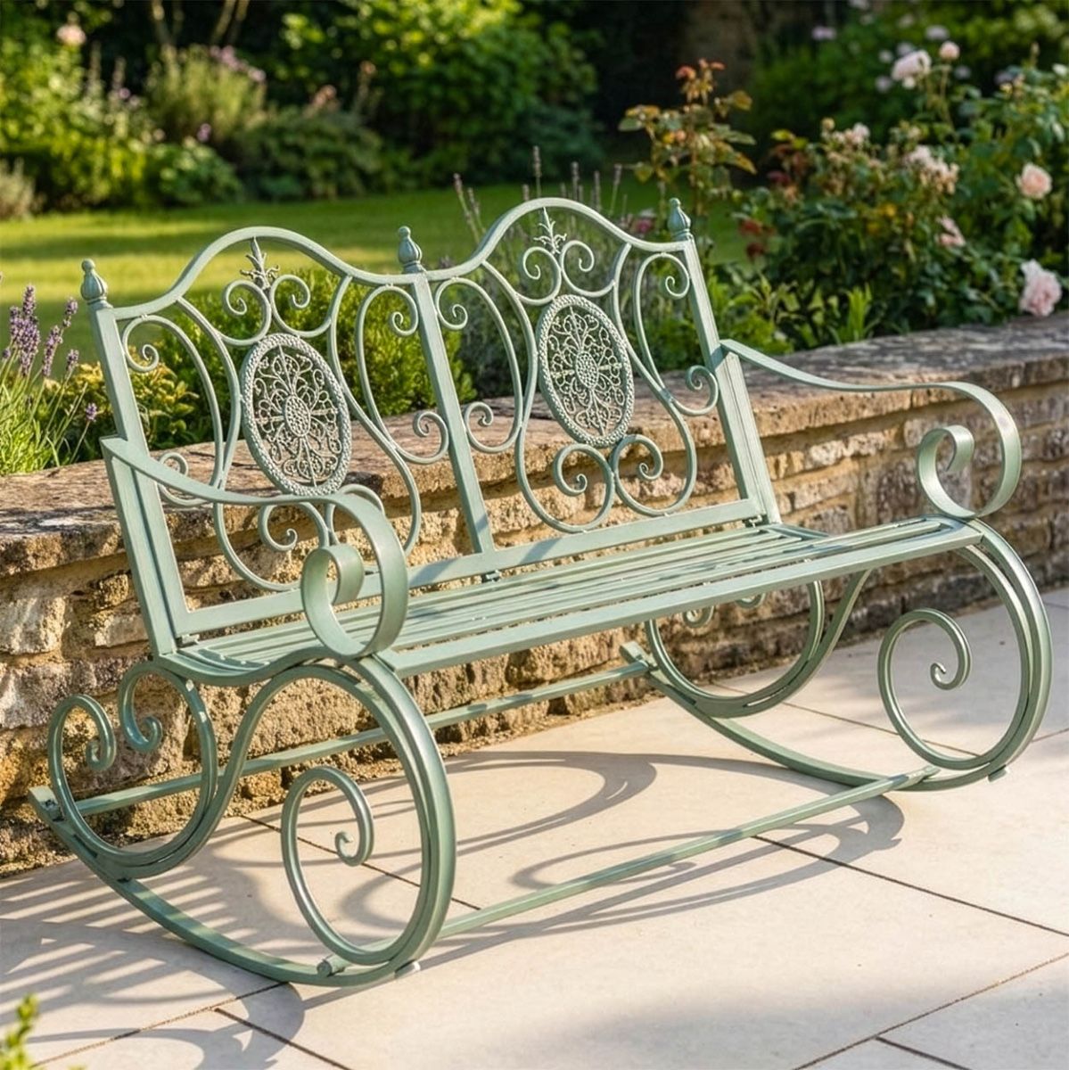 "Lyceum" Garden Rocking Bench Wrought Iron - Sage Digital Illustration