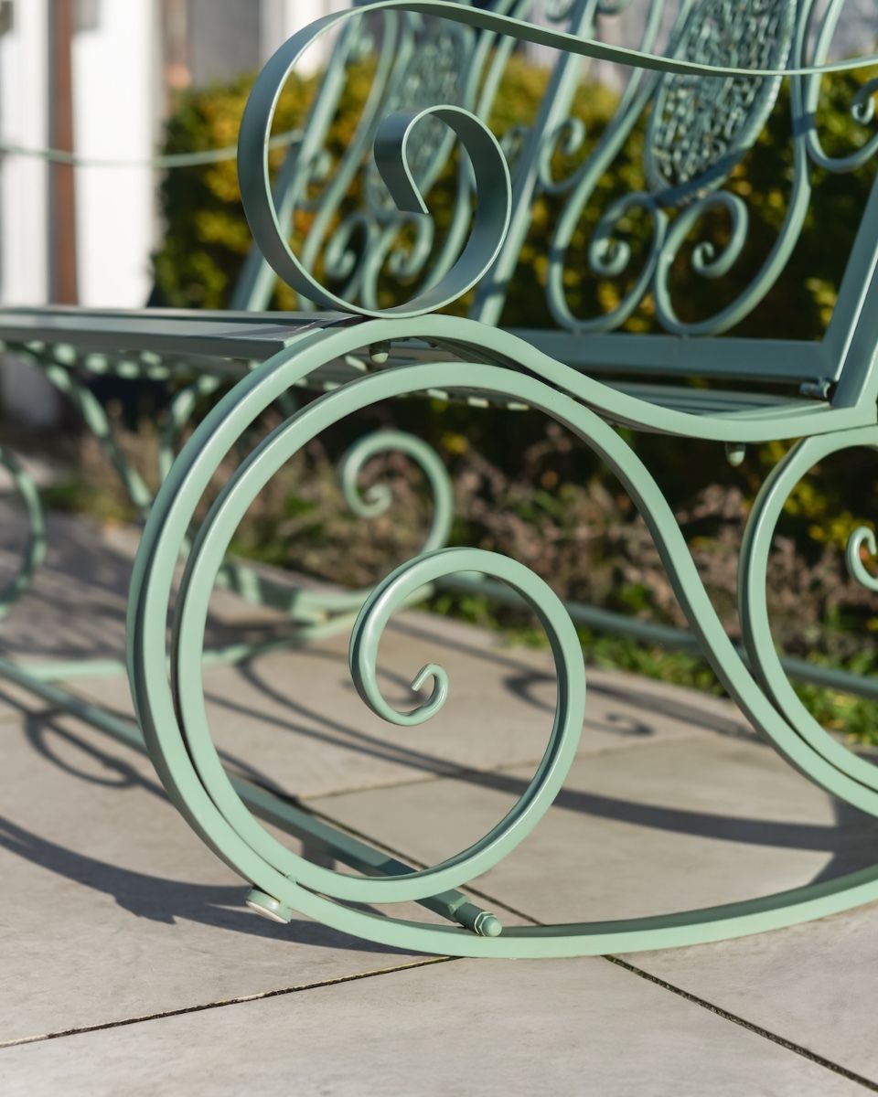 "Lyceum" Garden Rocking Bench Wrought Iron - Sage close up of rocker
