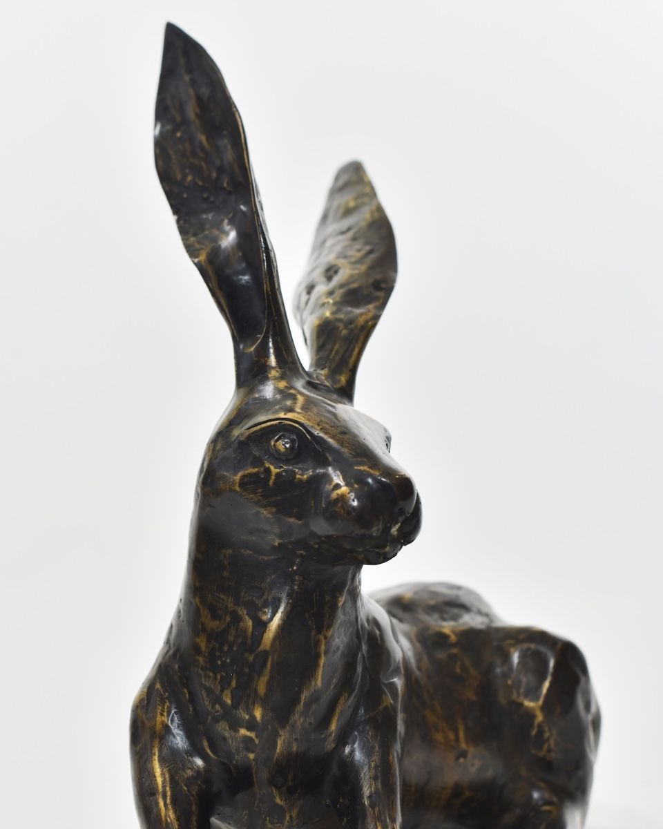 "Meadow Matriarch" Cast Brass Sitting Hare Sculpture close up of head
