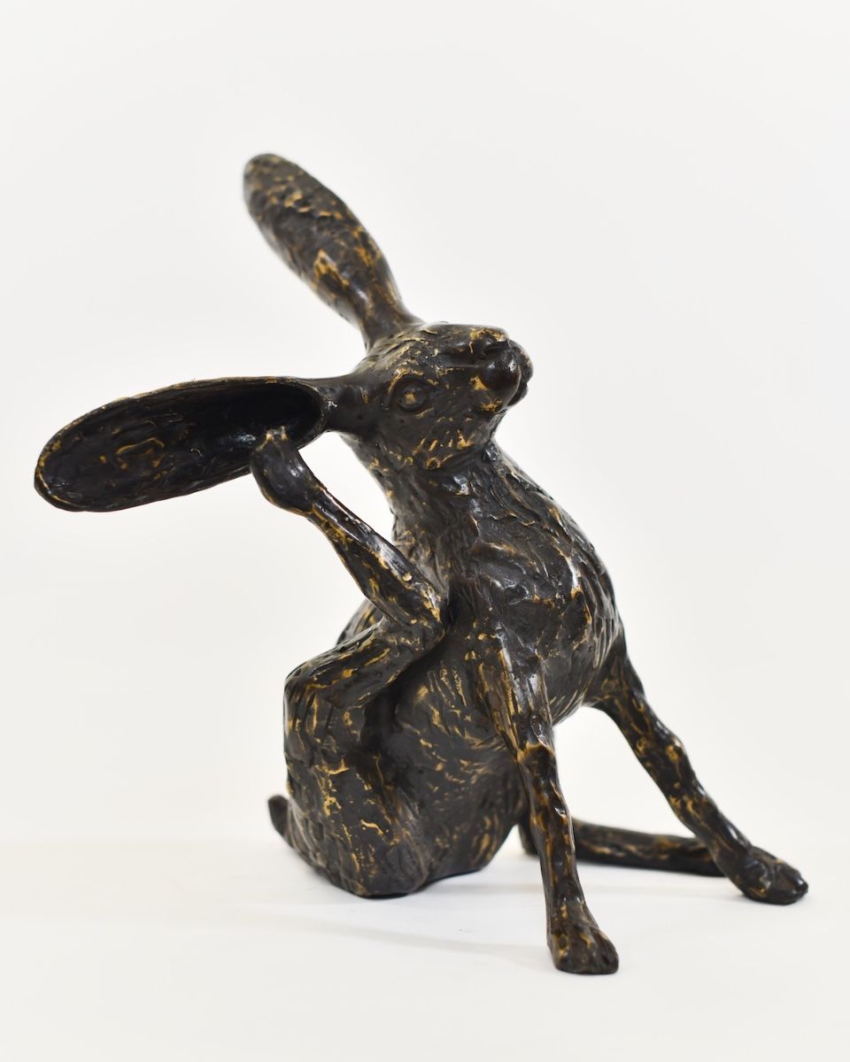 "Meadow Muse" Cast Brass Grooming Hare Sculpture