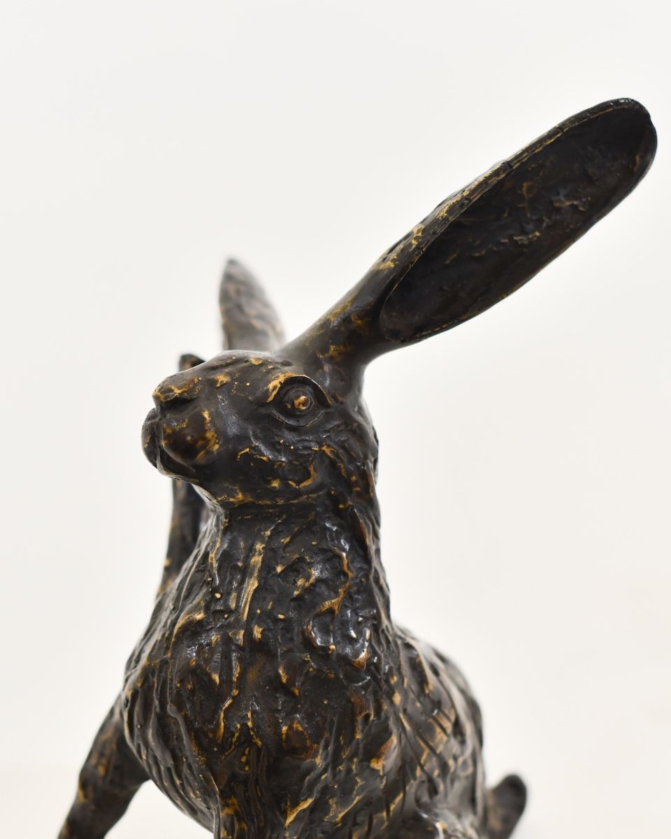 "Meadow Muse" Cast Brass Grooming Hare Sculpture close up of head