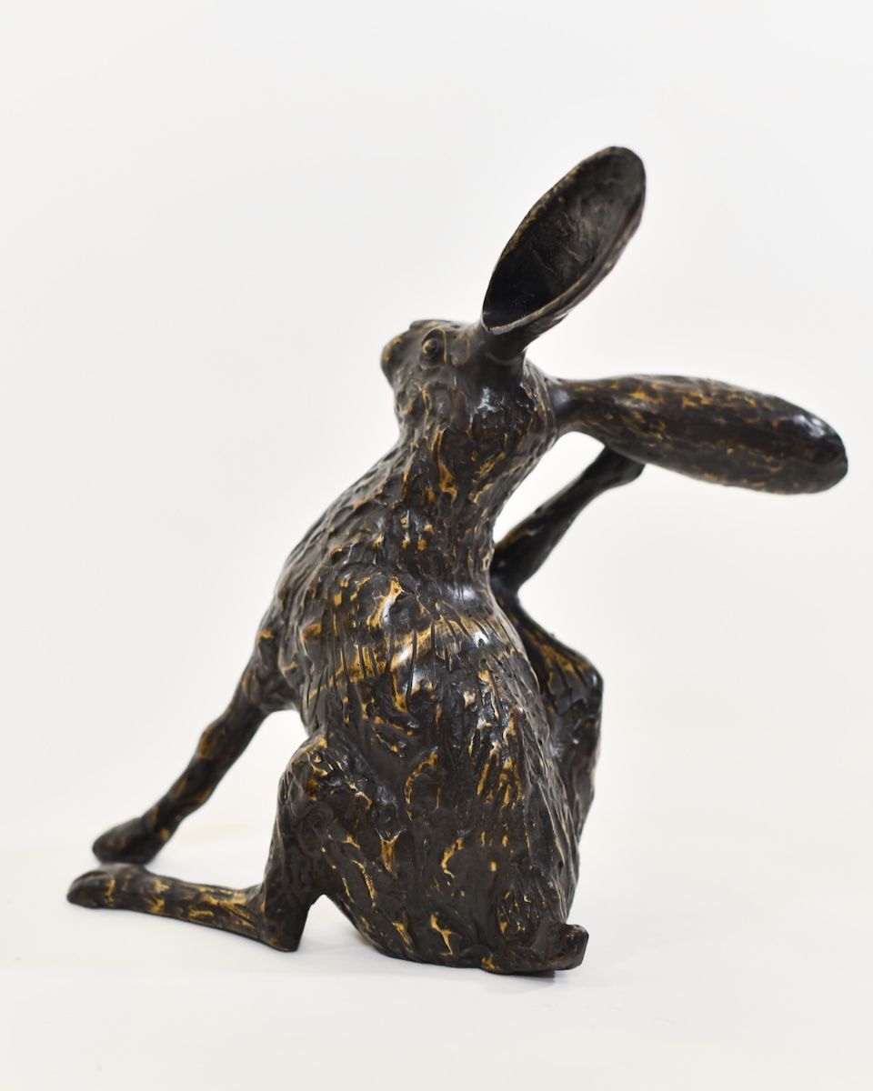 "Meadow Muse" Cast Brass Grooming Hare Sculpture rear view