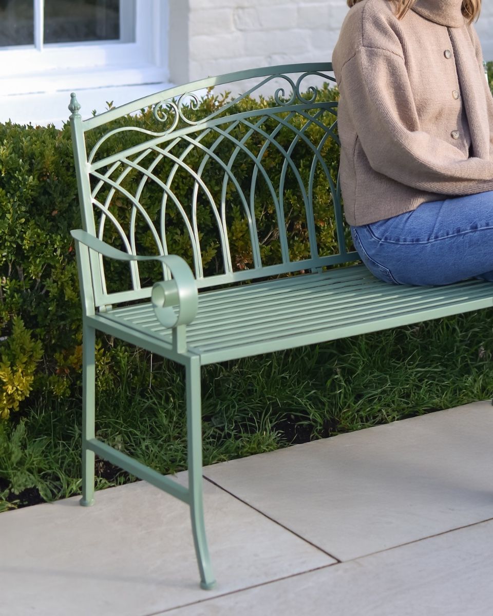 "Monet" Two Seater Wrought Iron Garden Bench - Sage close up of backrest and armrest