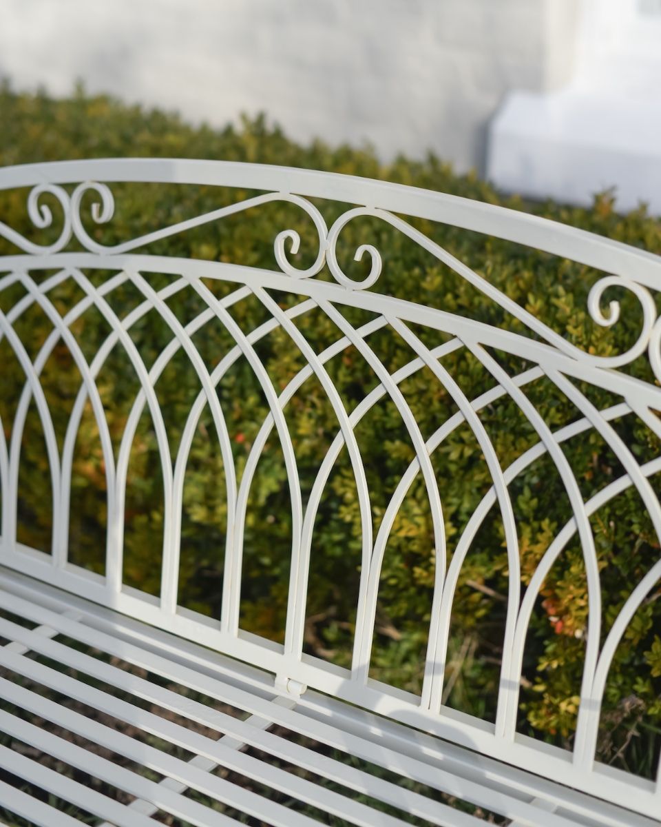 ‘Monet’ Two Seater Wrought Iron Garden Bench close up of backrest and overlapping iron work