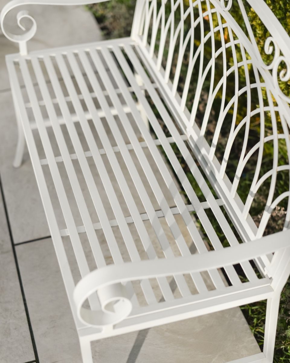 ‘Monet’ Two Seater Wrought Iron Garden Bench hingh angle image showing slaated support