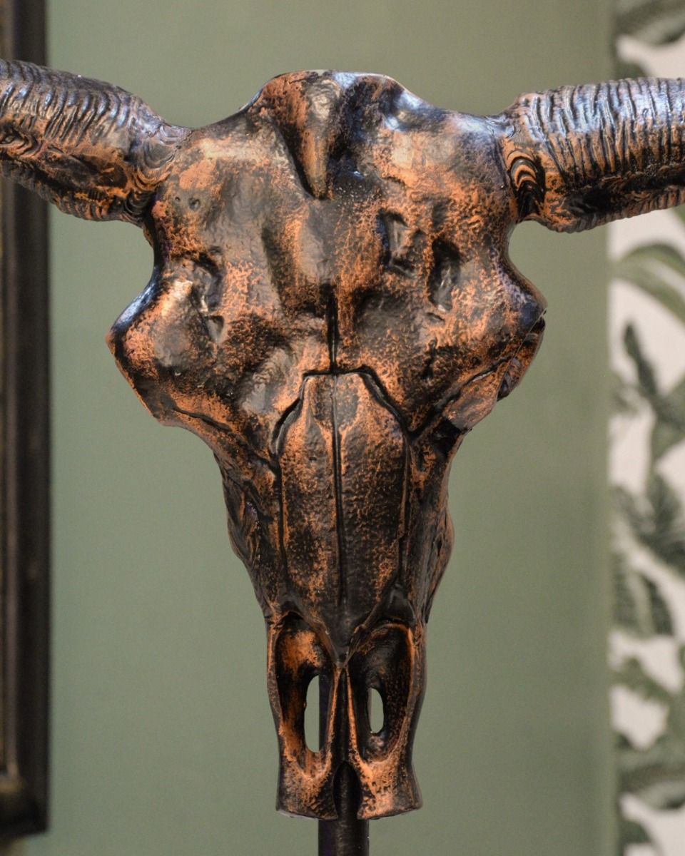 "Montana" Cast Aluminium Long Horn Skull Positioned on a Table Inside a Home with a Close up of the Head