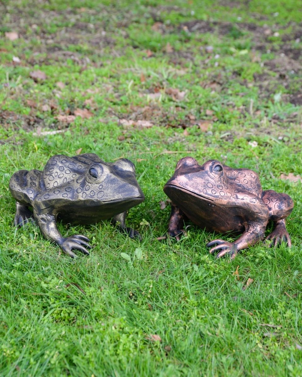 Gold Version of the "Morty" the Toad Cast Aluminium Garden Sculpture Positioned on a Lawn Positioned with Copper Version