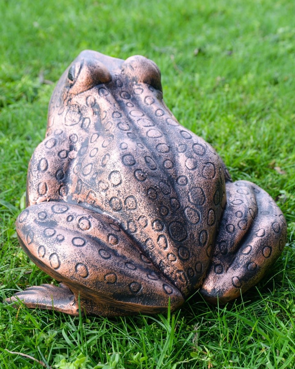 "Morty" the Toad Cast Aluminium Garden Sculpture on a Garden Lawn Showing Back Detailing