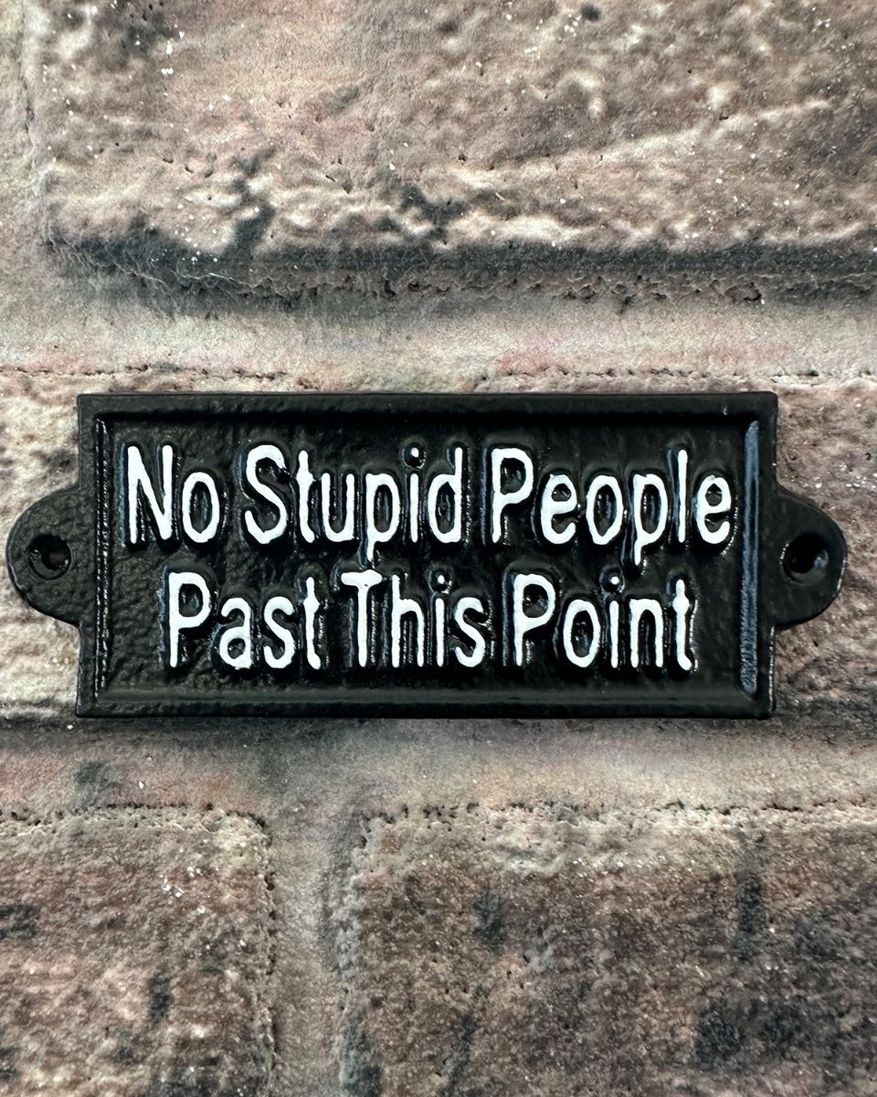 "No Stupid People Past this Point" Traditional Cast Iron Wall Sign mounted on brick wall