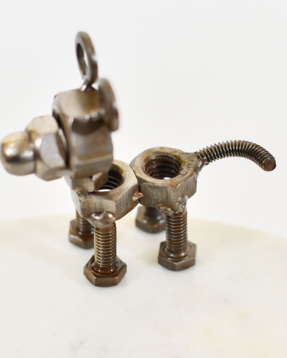 "Nuts" Standing Puppy Upcycled Metal Home Ornament view from above