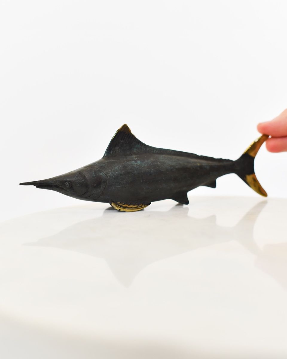 "Oceanic Cavalier" Marlin Ornament in Cast Brass with hand in shot for scale