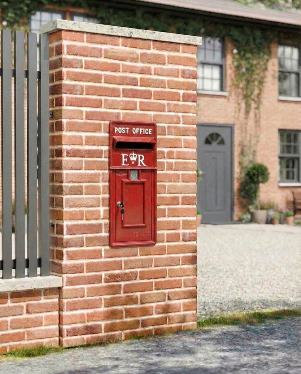 _original_reproduction_red_elizabeth_regina_post_parcel_front_only_on_wall installed on a new home