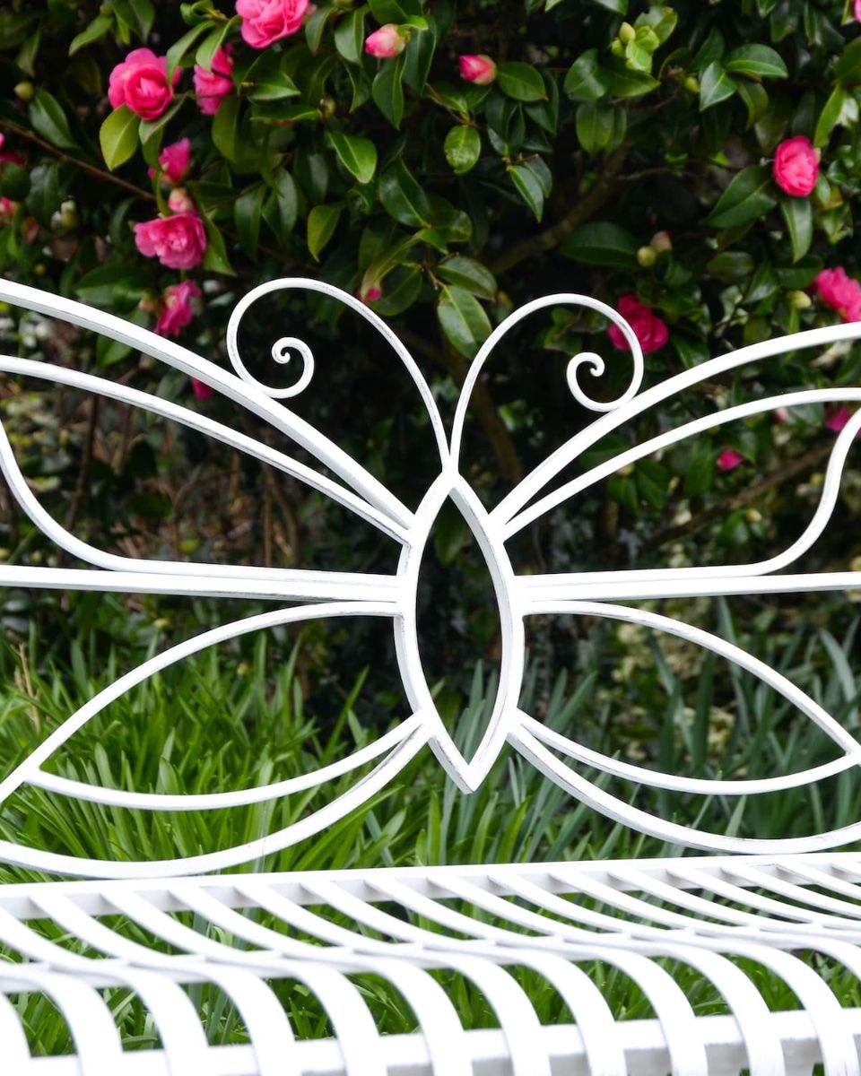 "Papillon" Contemporary Wrought Iron Two Seater Garden Bench Close up of Butterfly Back Rest