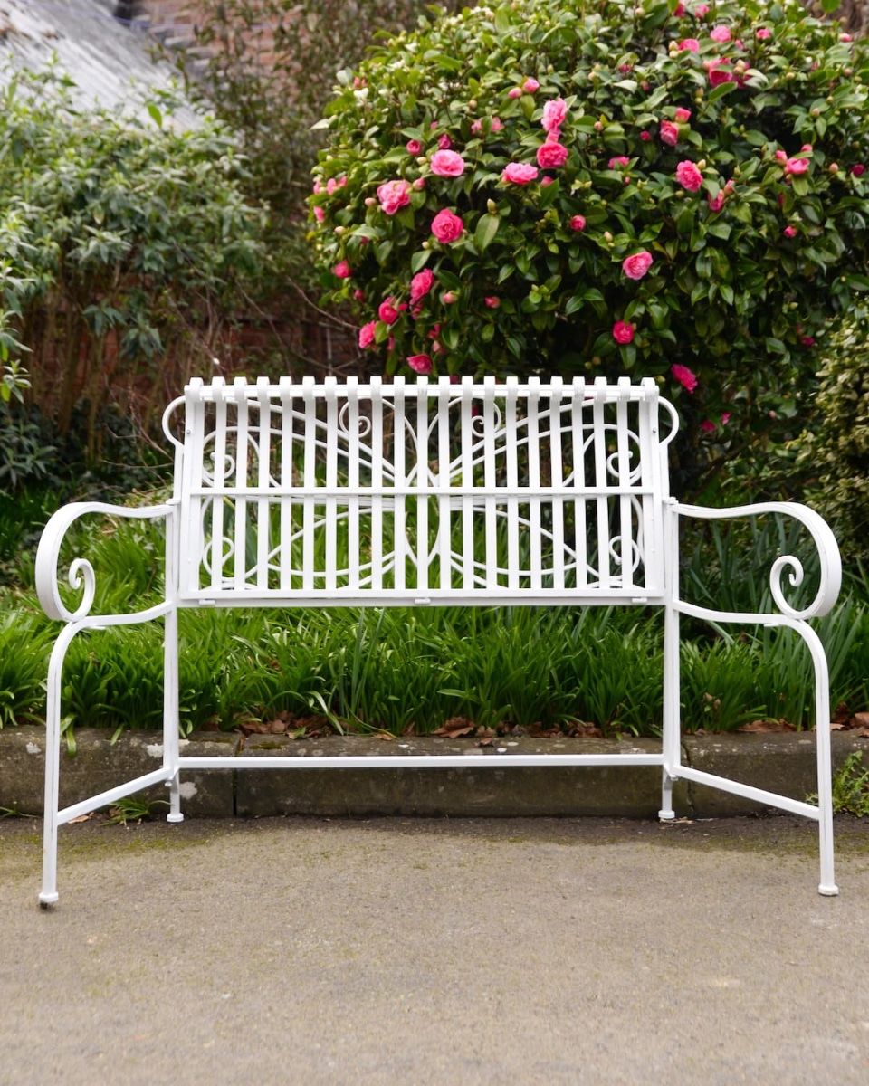 "Papillon" Contemporary Wrought Iron Two Seater Garden Bench Display of Folding Mechanism
