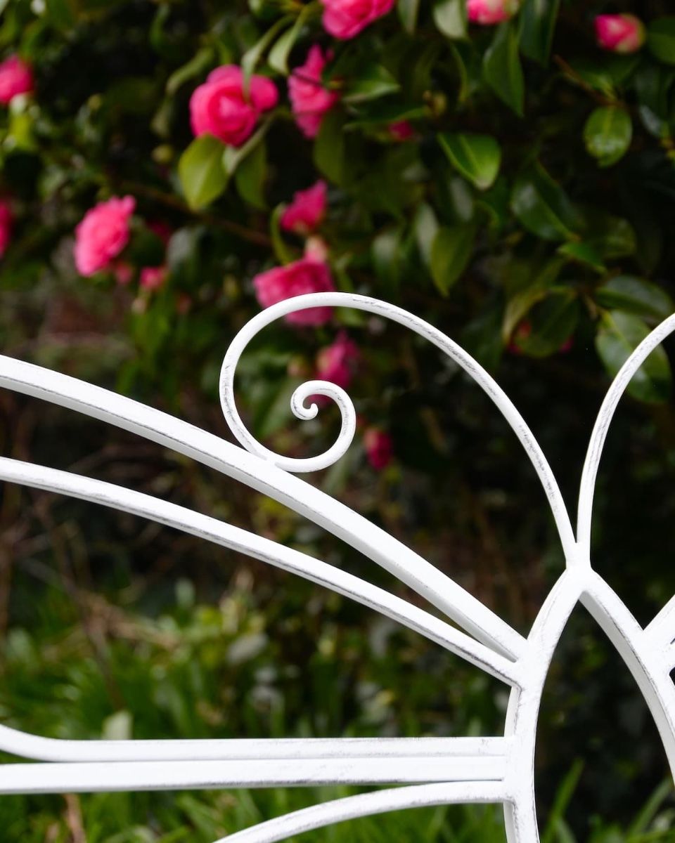 "Papillon" Contemporary Wrought Iron Two Seater Garden Bench Close up of Butterfly Detailing