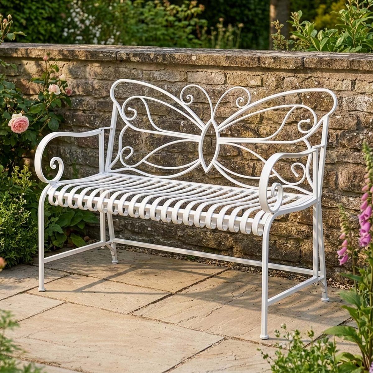 "Papillon" Contemporary Wrought Iron Two Seater Garden Bench with Lady Sat on Seat for Scale Digital Illustration