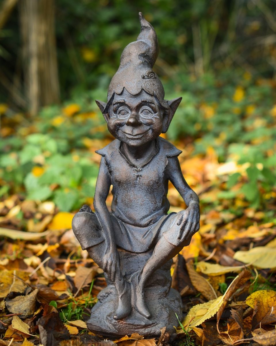 "Perched Pixie" Resin Garden Sculpture Bronze and Verdigris facing front