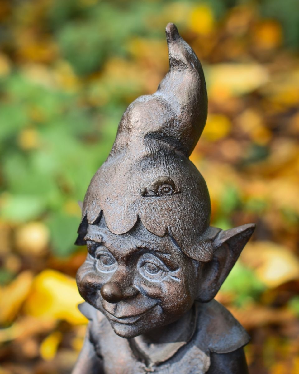 "Perched Pixie" Resin Garden Sculpture Bronze and Verdigris close up of hat